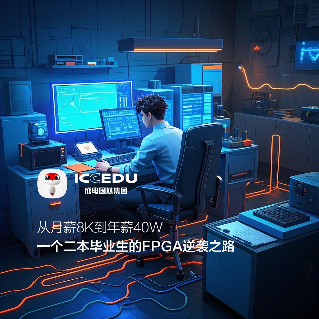 A graduate holding an electronics engineering diploma looking at a computer screen with a thoughtful expression.